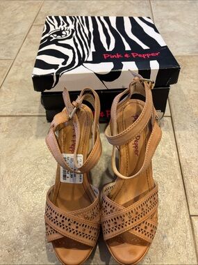 Pink & Pepper Women's Tan Perforated Ankle-Strap Heels